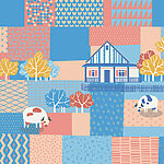 Papier peint Vache et maison en patchwork