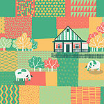 Papier peint Vache et maison en patchwork