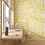 Papier peint Motif de labyrinthe jaune et blanc