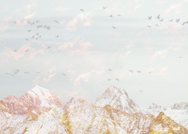 Papier peint montagnes d’hiver avec de l’or et des oiseaux
