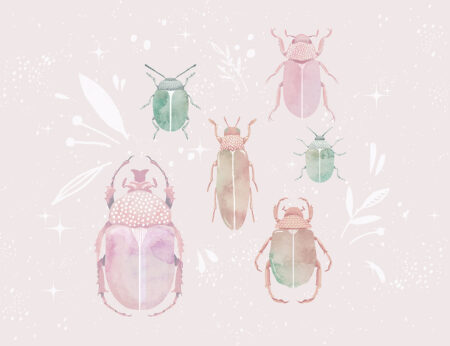 Papier peint aquarelle coléoptères et feuilles