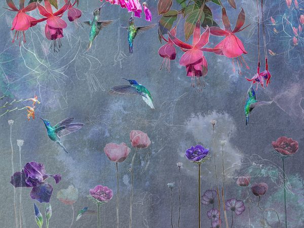 Papier peint colibris lumineux avec des fleurs délicates
