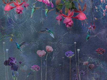 Papier peint colibris lumineux avec des fleurs délicates