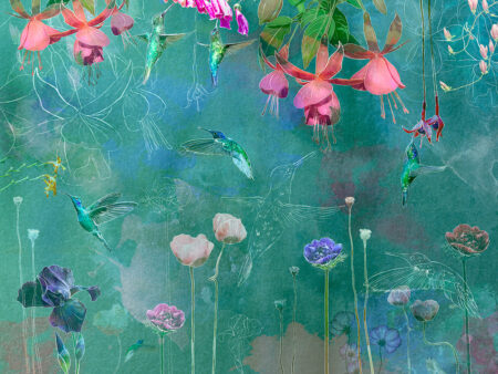 Papier peint colibris lumineux avec des fleurs délicates