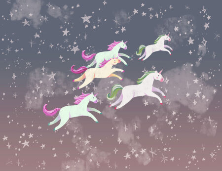 Papier peint bande de licornes parmi les étoiles