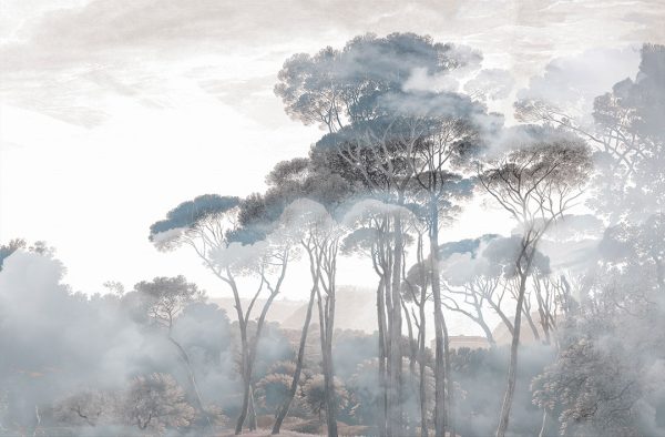Papier peint d’une forêt gris-bleu dans le brouillard