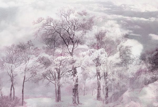 Papier peint gravure rose avec des arbres dans les nuages
