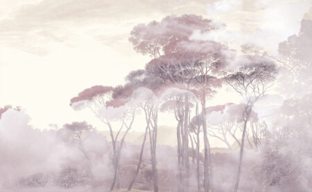 Papier peint forêt dans le brouillard du matin