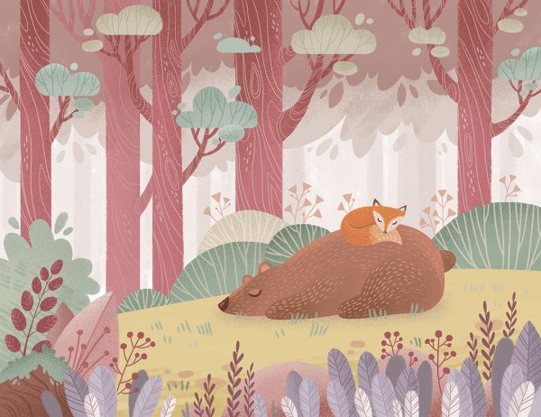 Papier peint amis ours et renard dans une forêt de fées