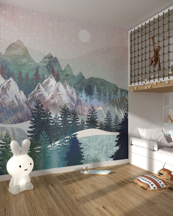 Papier peint forêt et montagnes d’hiver avec différentes textures