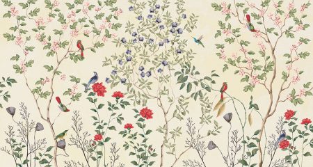 Papier peint avec des branches d’arbres, des fleurs et des oiseaux