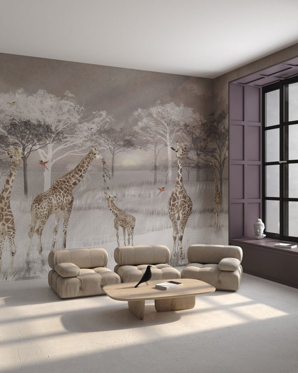 Papier peint de la savane africaine avec des girafes et des colibris