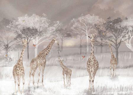 Papier peint de la savane africaine avec des girafes et des colibris