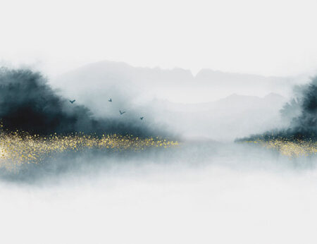 Papier peint aquarelle forêt sur le lac avec de l’or