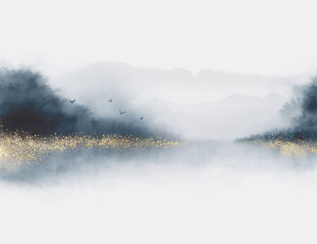 Papier peint aquarelle forêt sur le lac avec de l’or