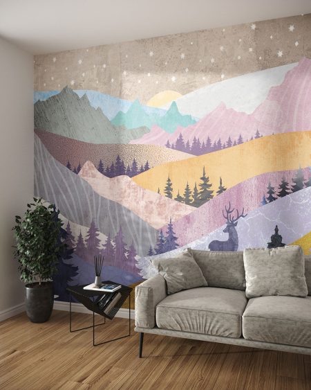 Papier peint montagnes multicolores avec textures dorées