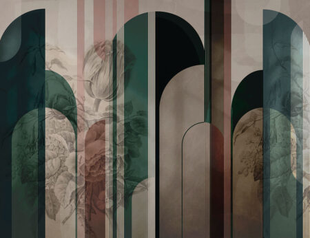 Papier peint fleurs et arcs géométriques