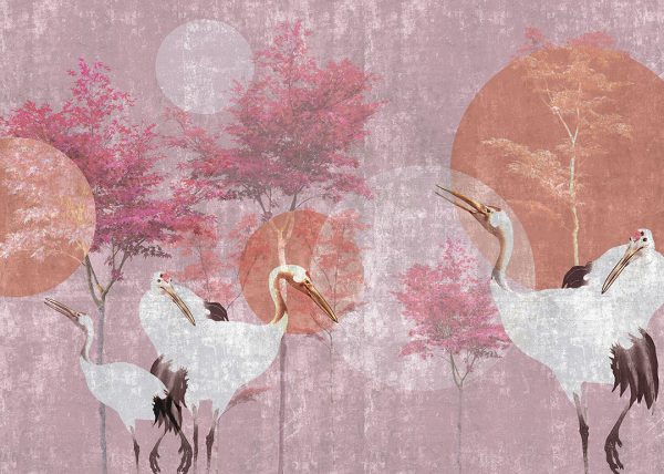 Papier peint grues japonaises roses