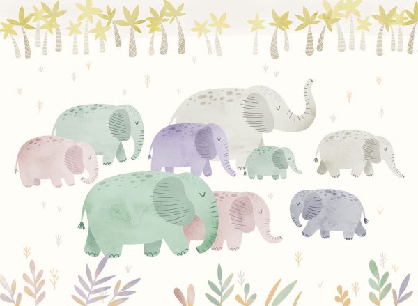 Papier peint aquarelle éléphants et palmiers