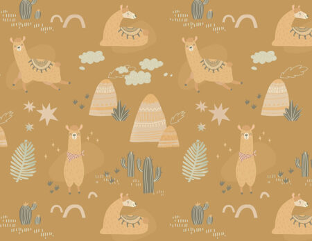 Papier peint de lama avec des montagnes, des étoiles et des cactus