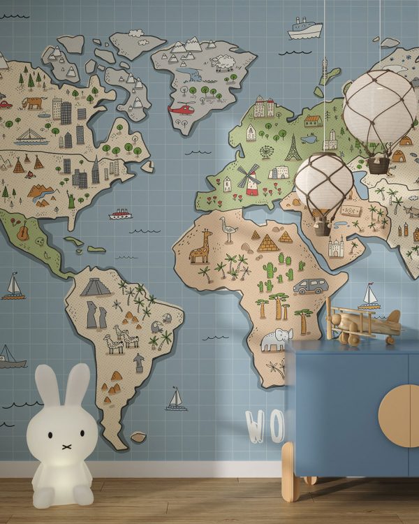 Papier peint carte du monde avec attractions mondiales