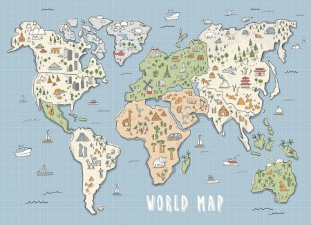 Papier peint carte du monde avec attractions mondiales