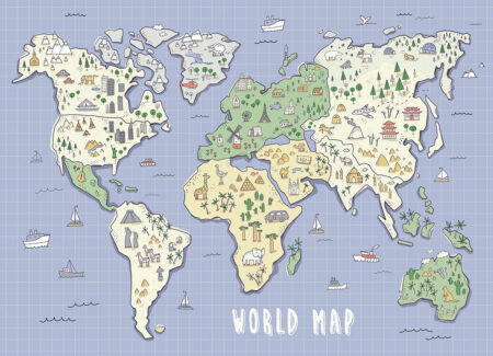 Papier peint carte du monde avec attractions mondiales