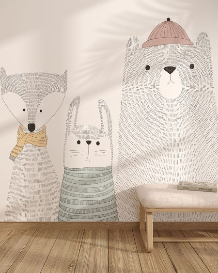 Papier peint renard, ours et lièvre dans un style graphique minimaliste