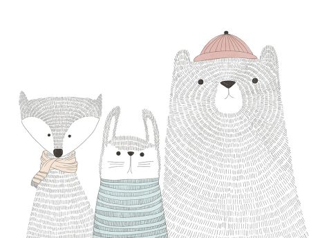 Papier peint renard, ours et lièvre dans un style graphique minimaliste