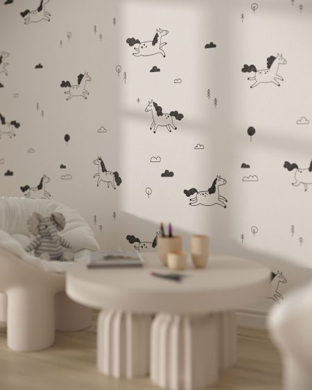 Papier peint minimaliste poneys noir et blanc