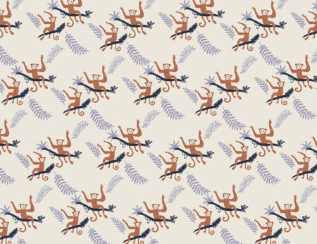 Papier peint motif de singes pastel et de feuilles tropicales