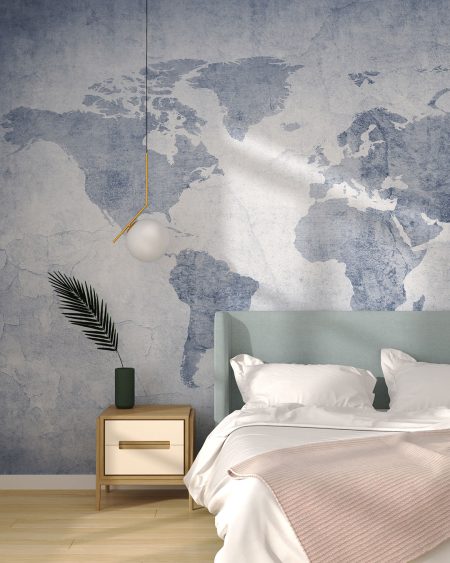Papier peint bleu carte du monde dans le style loft