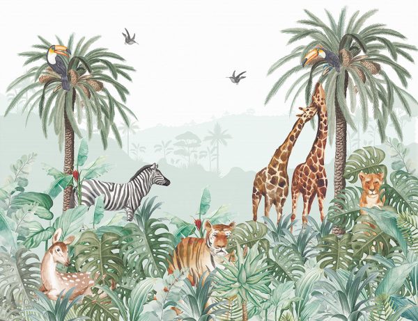 Papier peint délicat des tropiques avec une variété d’animaux