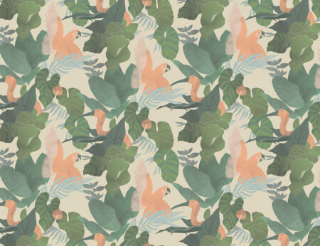 Papier peint feuilles tropicales et perroquets lumineux