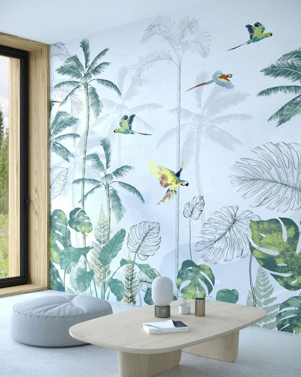 Papier peint jungle tropicale avec oiseaux lumineux