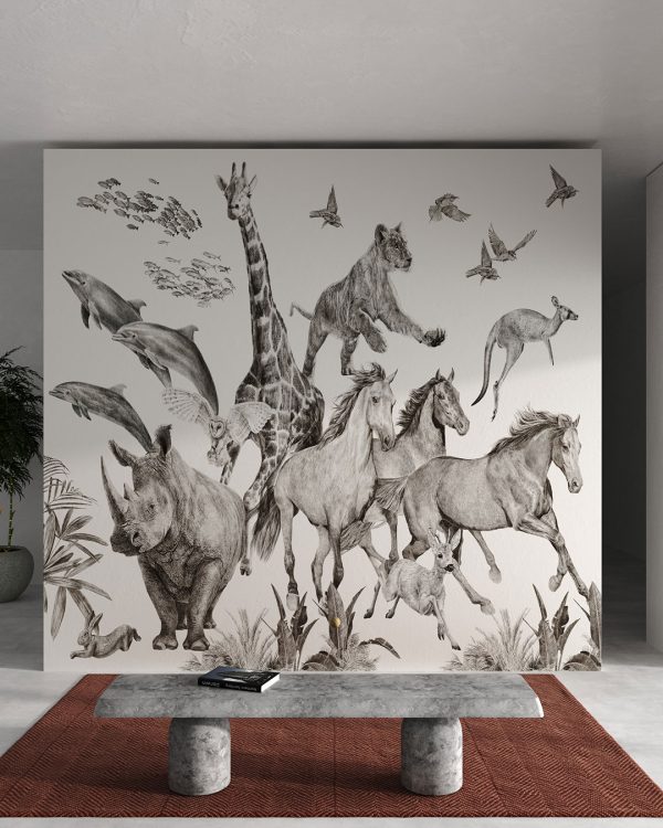 Papier peint Arche de Noé avec girafes, dauphins, chevaux