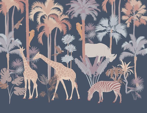 Papier peint de la savane avec des palmiers, des girafes et des singes