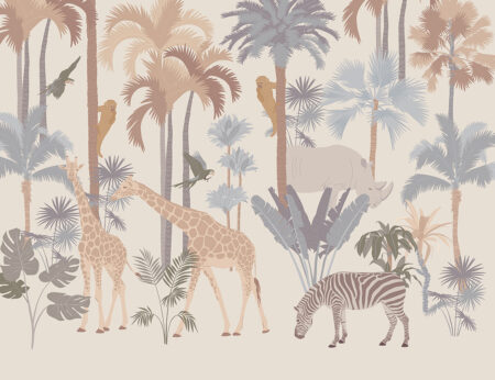 Papier peint de la savane avec des palmiers, des girafes et des singes
