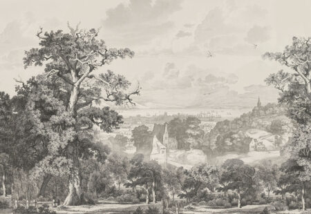 Papier peint gravure vintage avec forêt et ville