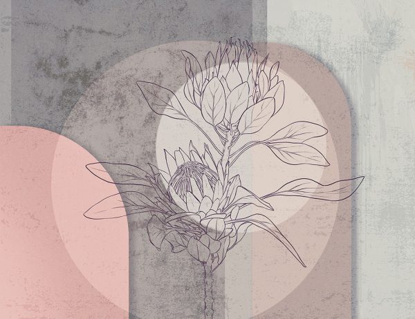 Papier peint fleur Proteus dans un style linéaire avec géométrie