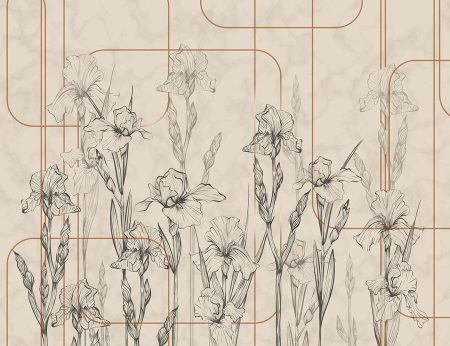 Papier peint fleurs linéaires iris aux lignes géométriques