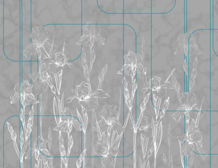 Papier peint fleurs linéaires iris aux lignes géométriques