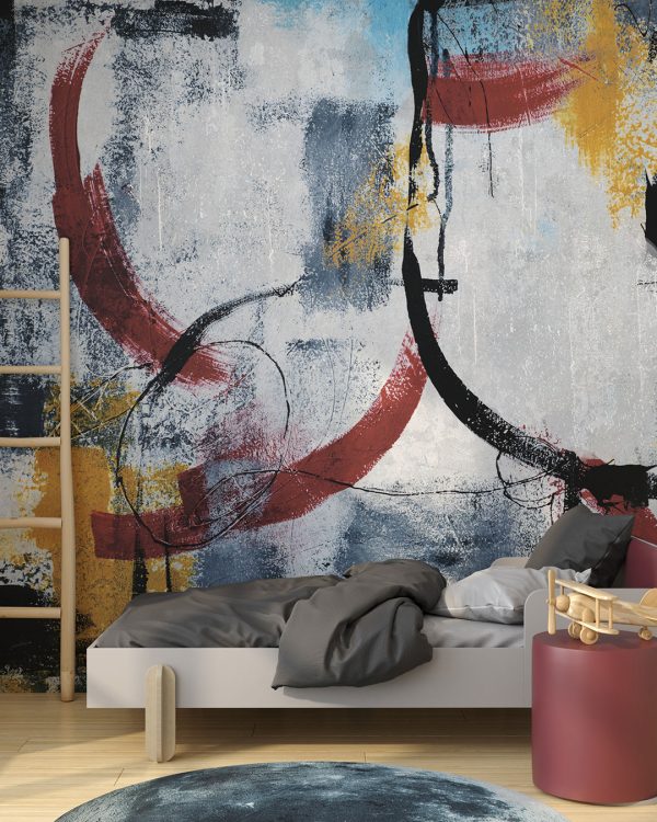 Abstraction de papier peint dans le style grunge avec des couleurs rouges, jaunes et bleues