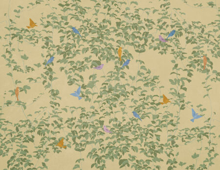 Papier peint feuilles vertes avec des oiseaux colorés dans le style de Shinuazri