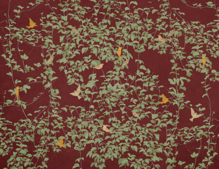 Papier peint feuilles vertes avec des oiseaux colorés dans le style de Shinuazri
