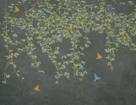 Papier peint branches suspendues avec des feuilles et des oiseaux lumineux
