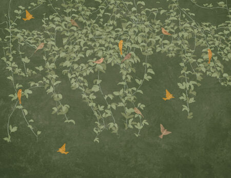Papier peint branches suspendues avec des feuilles et des oiseaux lumineux