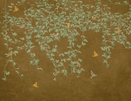 Papier peint branches suspendues avec des feuilles et des oiseaux lumineux