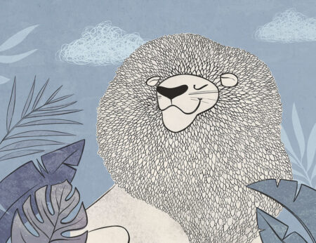 Papier peint lion graphique avec des feuilles tropicales