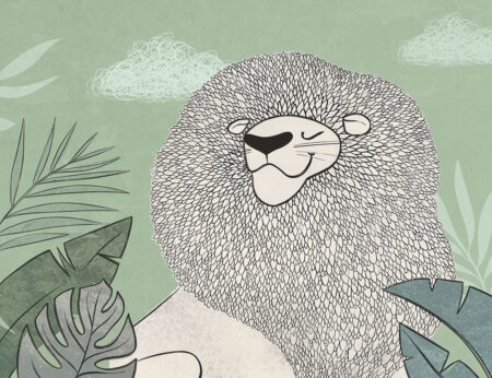 Papier peint lion graphique avec des feuilles tropicales